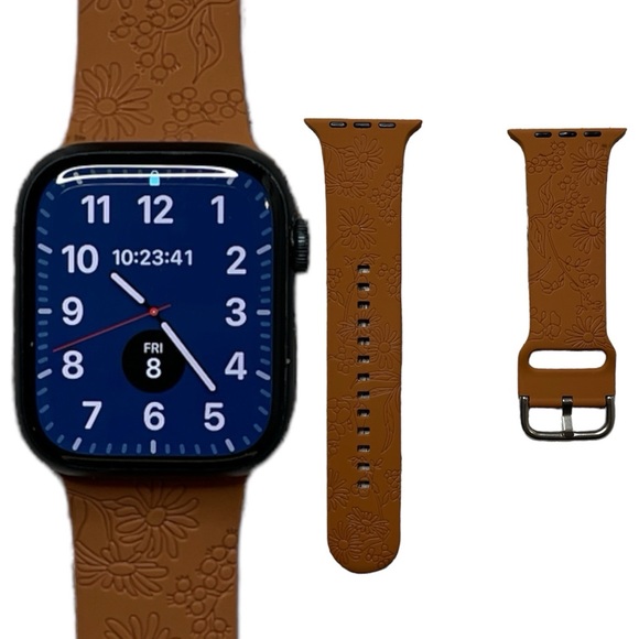 Apple Watch Silicone Band Floral Engraved Flowers Brown 42/ 44/ 45/ 49mm Women's - Picture 1 of 4